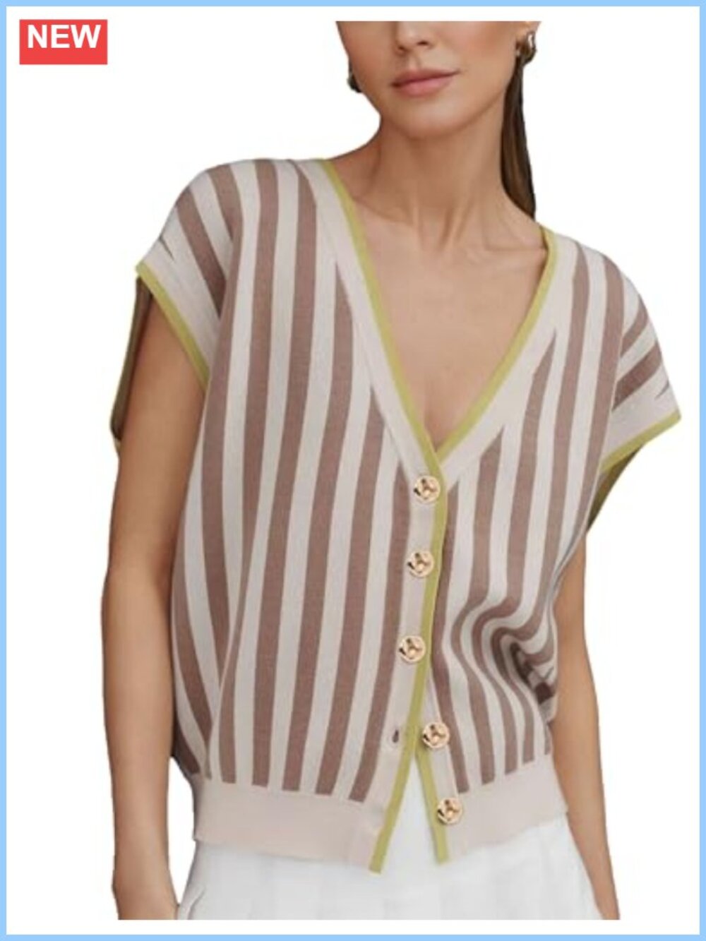 Womens Striped Knit Cardigan Golden Button Cap Sleeve Sweater Vest